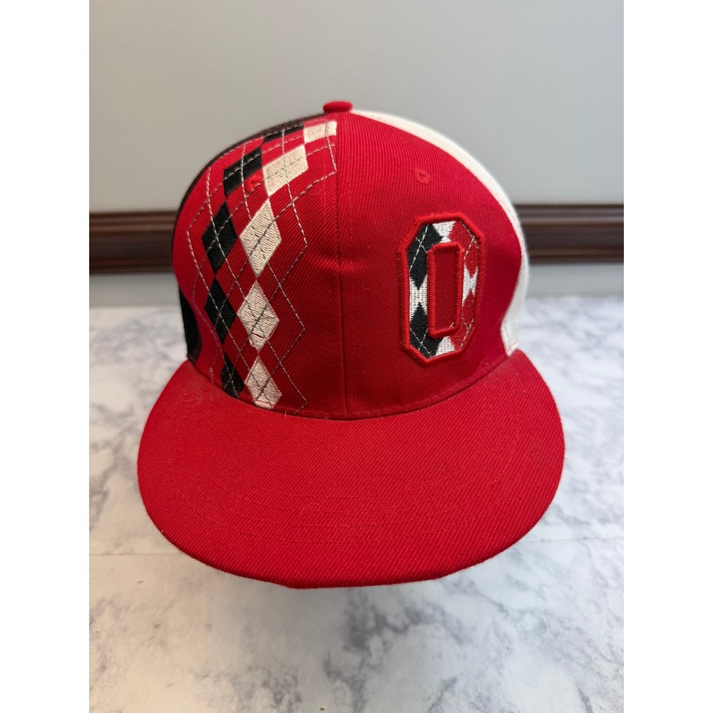 Ohio State Buckeyes NCAA Argyle Color Block Flat Brim Baseball Hat Red Blk Sz 7